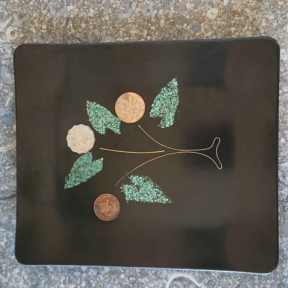 Vintage Couroc Tray, Black Resin Tray, Leaf Design with International Coins |